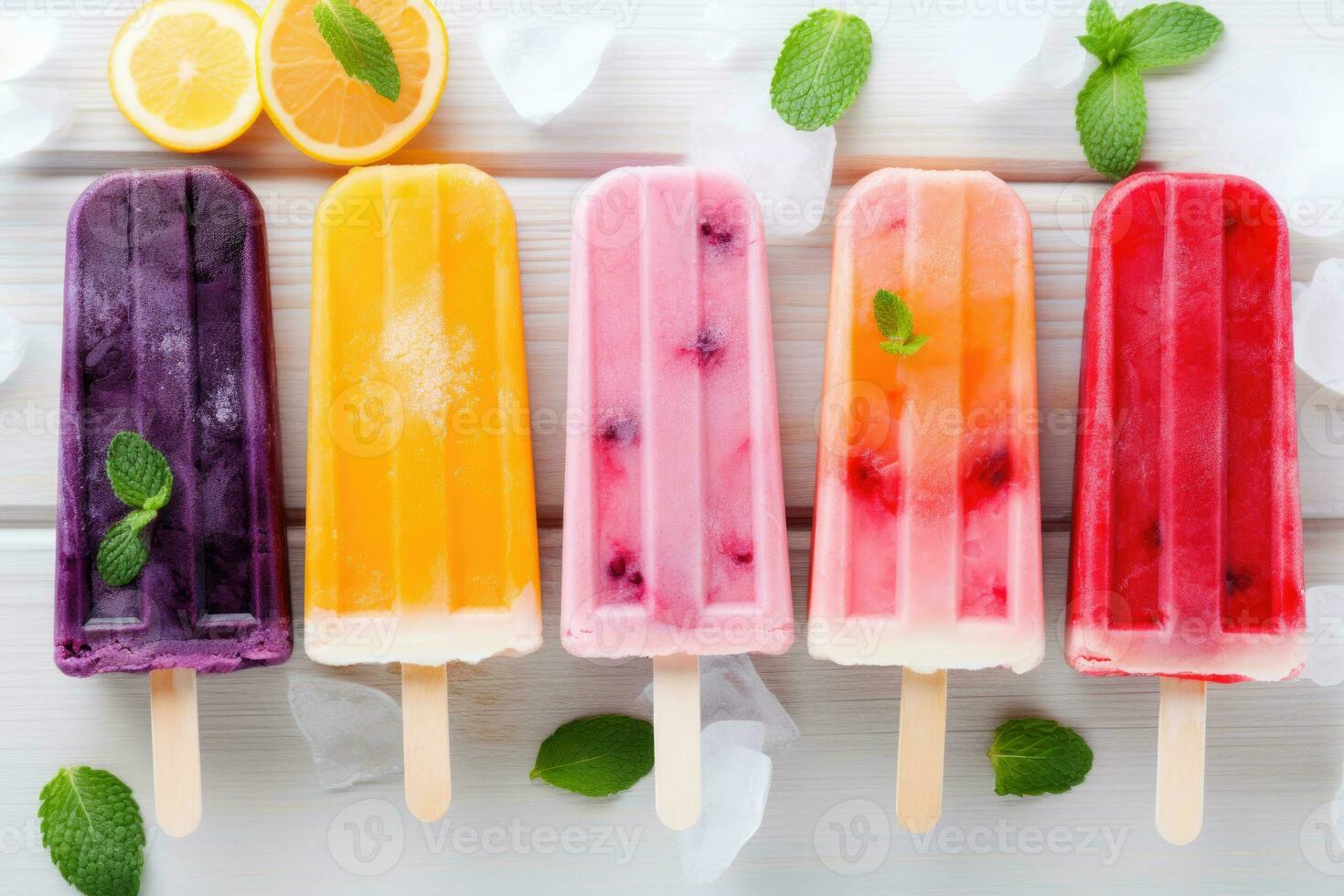 Popsicle on a stick with lime, orange and mint. AI generated photo