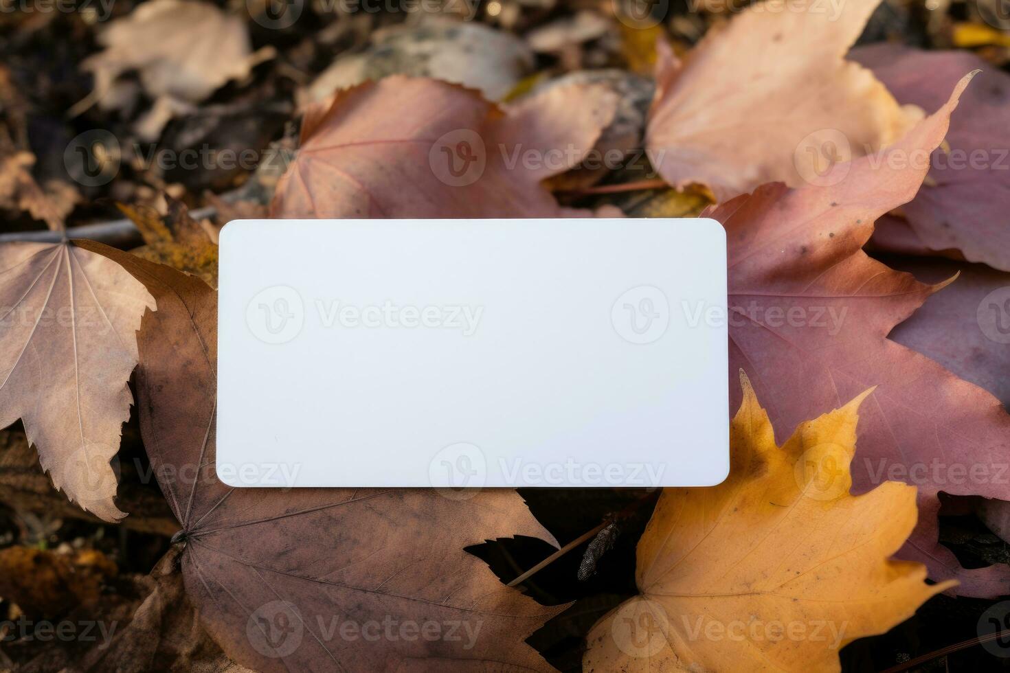 Mock-up of a white tag with autumn maple yellow leaves. AI Generated photo