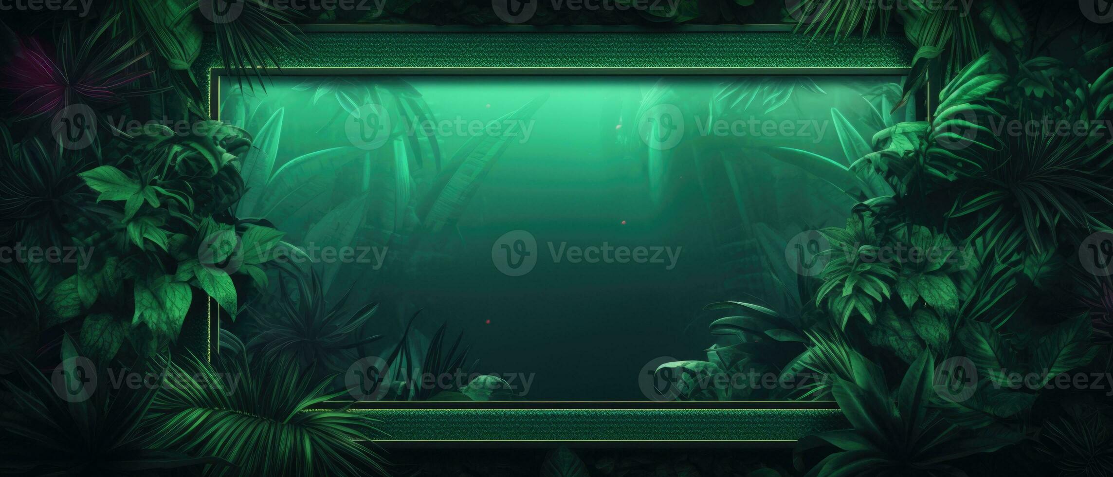 Frame with green neon lighting and indoor plants. AI-Generated photo