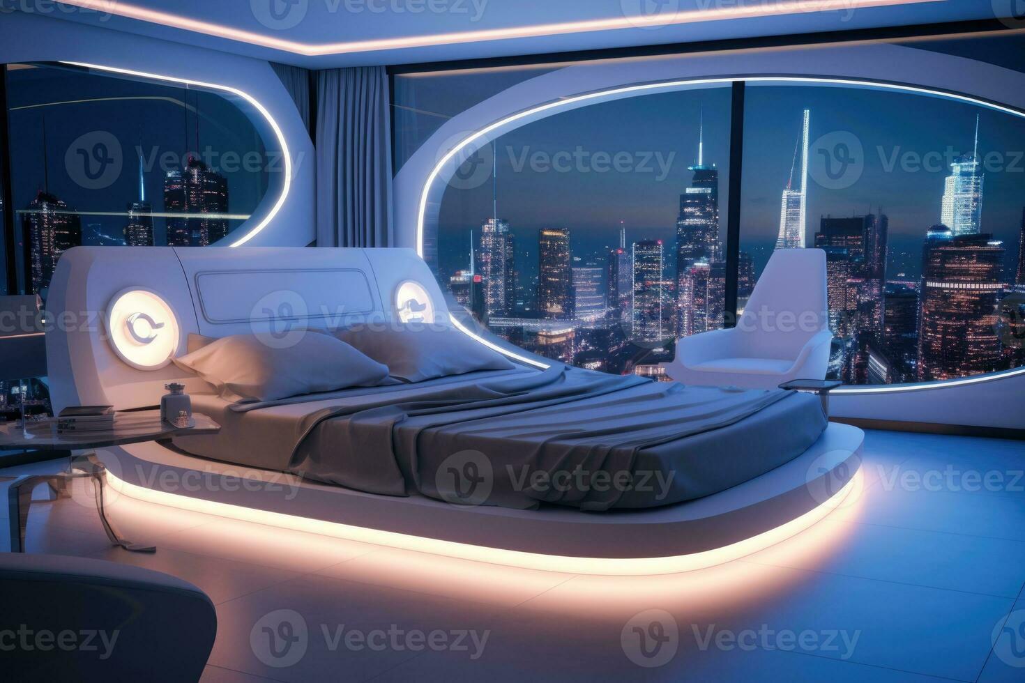 The interior of a modern bedroom with a bed and white neon lighting with oval windows. AI generated photo