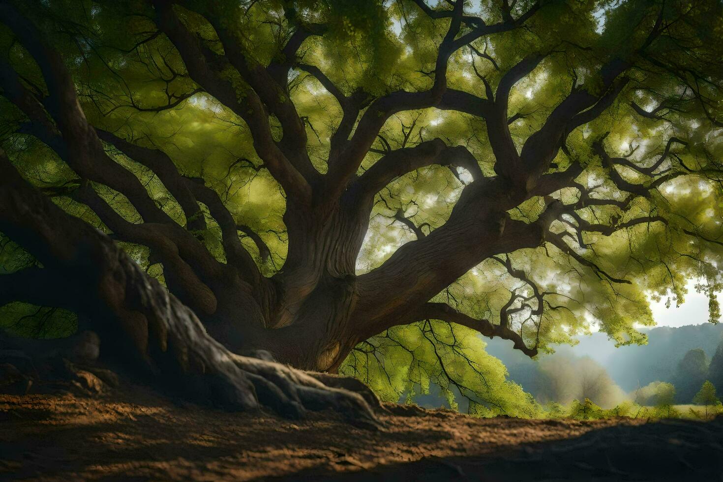 a large tree in the middle of a field. AI-Generated photo