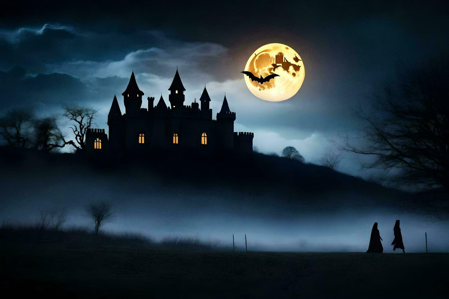 halloween castle in the fog with bats flying over it. AI-Generated photo