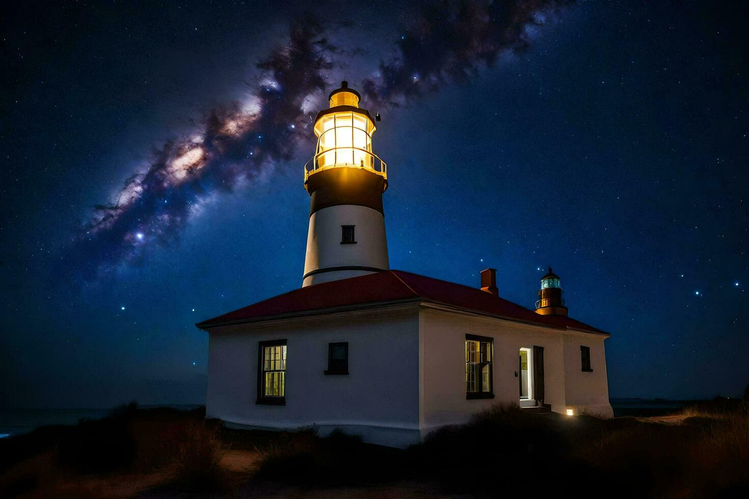 a lighthouse with a starry sky above it. AI-Generated photo