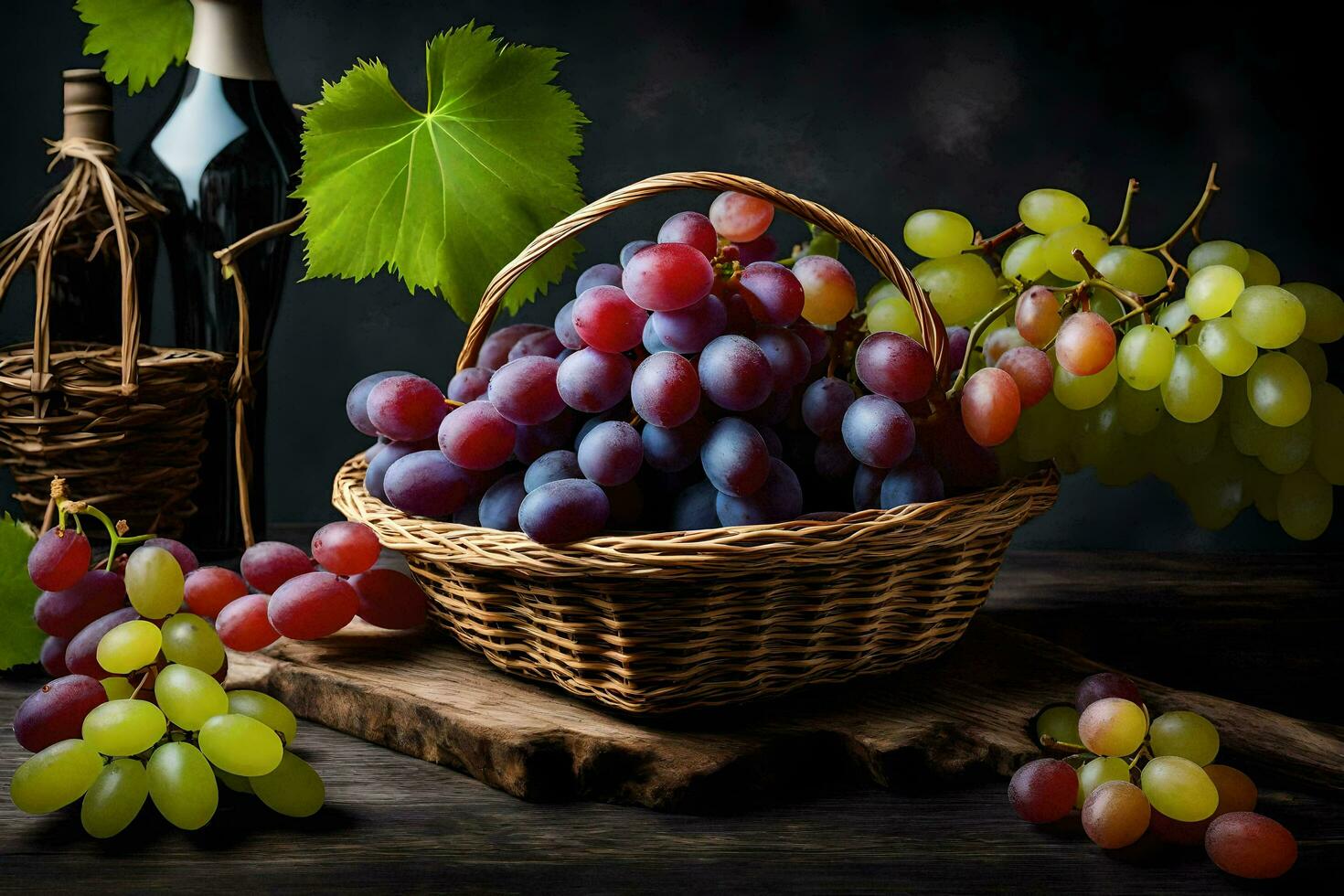 grapes in a basket, bottle of wine, and leaves on a table. AI-Generated photo