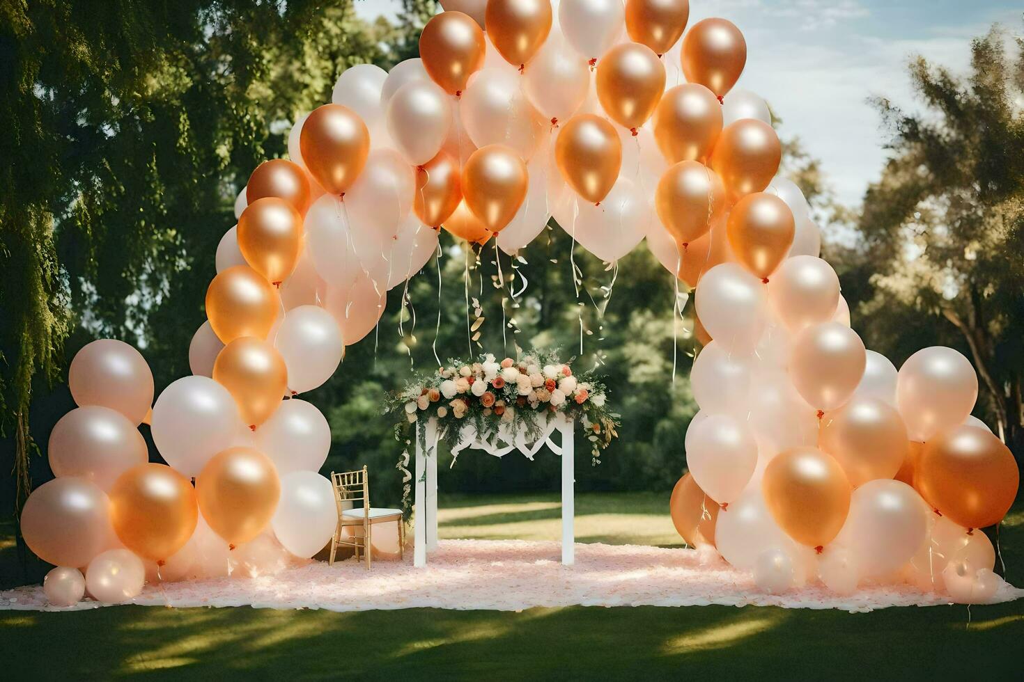 an arch made of balloons and white and gold flowers. AI-Generated photo
