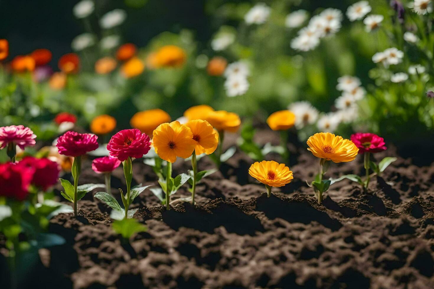 colorful flowers growing in the dirt. AI-Generated photo