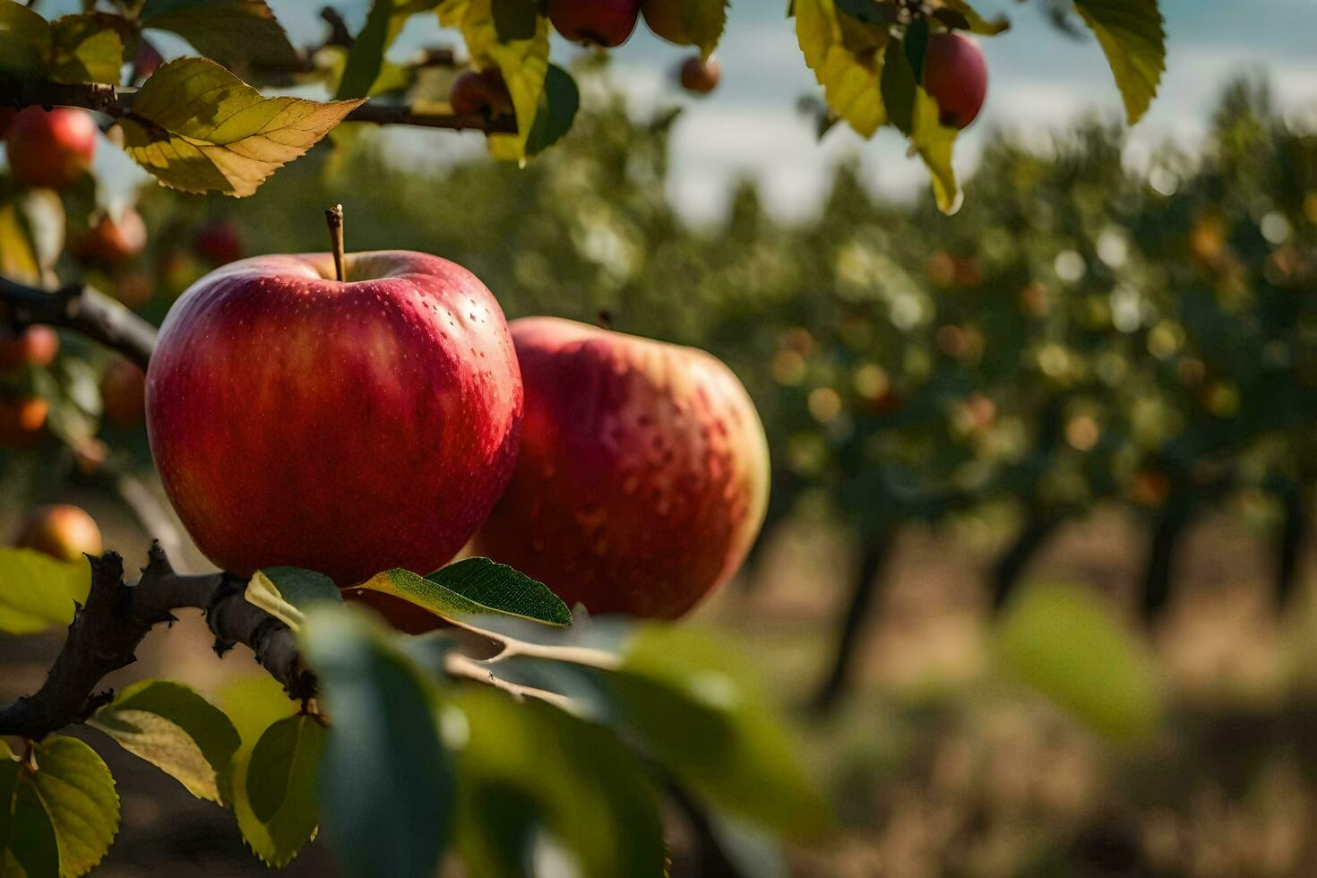 two apples are on the branch of an apple tree. AI-Generated photo