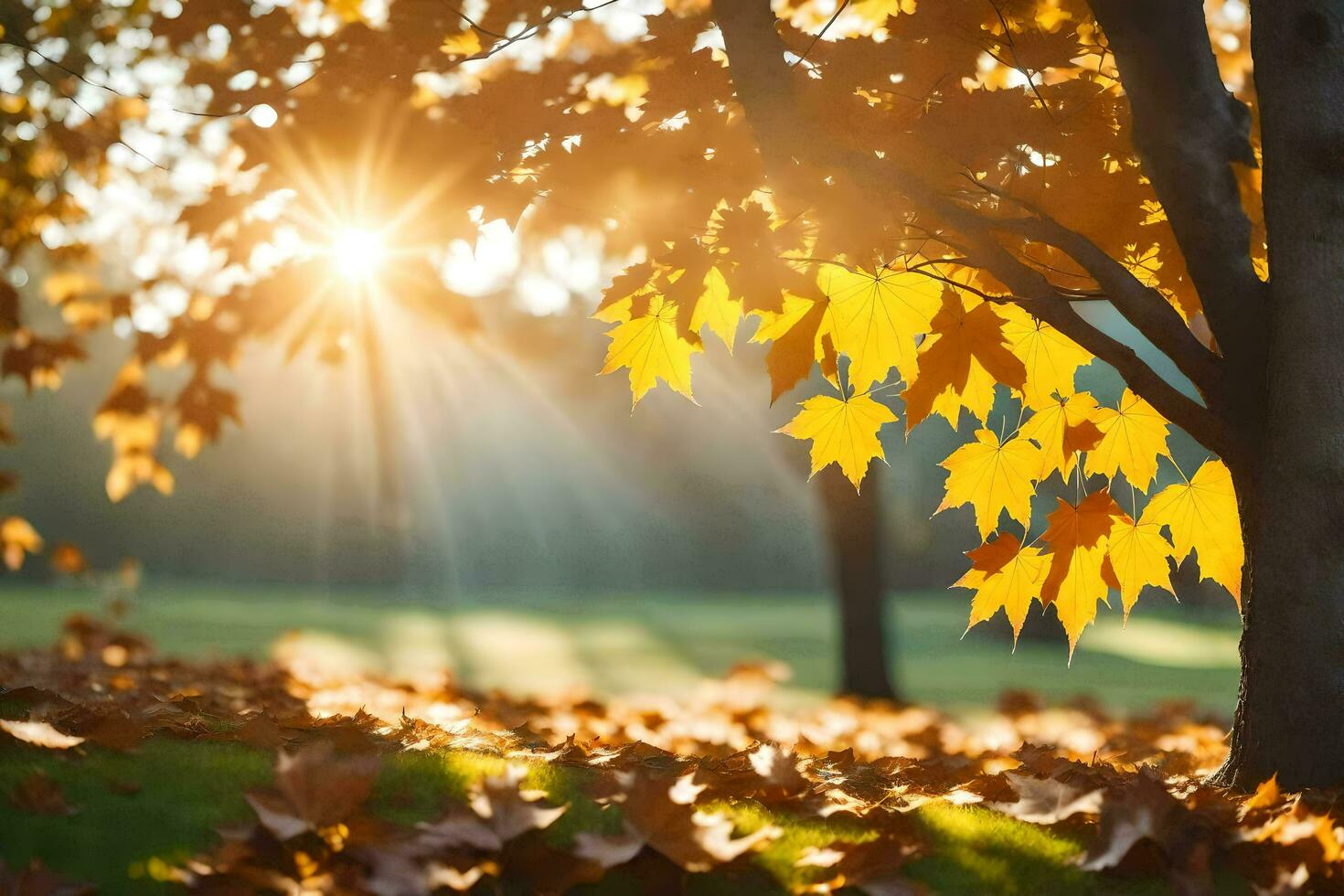 autumn leaves on the ground in a park. AI-Generated photo