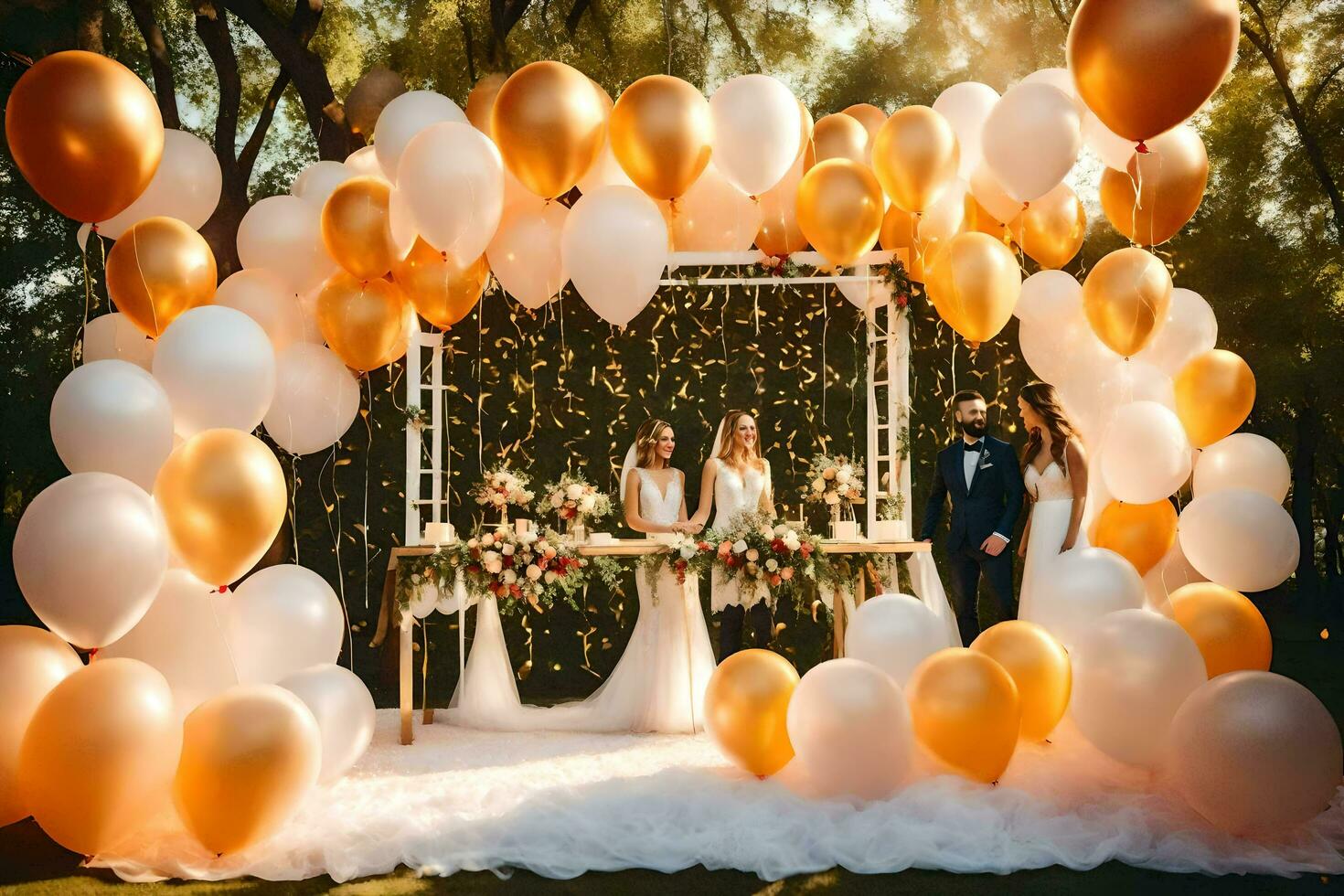 Boda ceremonia en el parque con dorado globos generado por ai foto