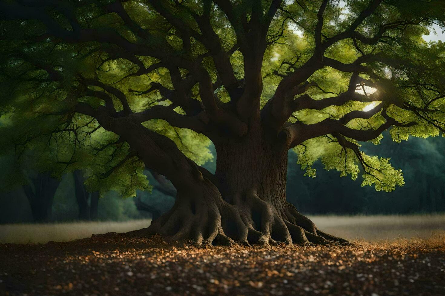 an old oak tree in the middle of a field. AI-Generated photo