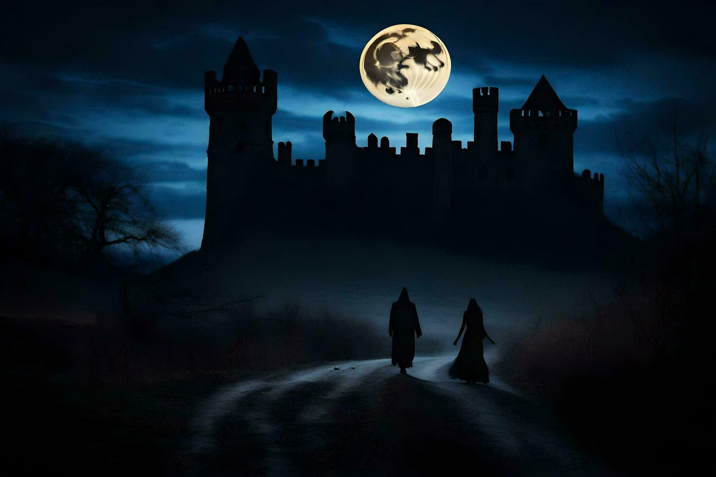 two people walking in front of a castle at night. AI-Generated photo