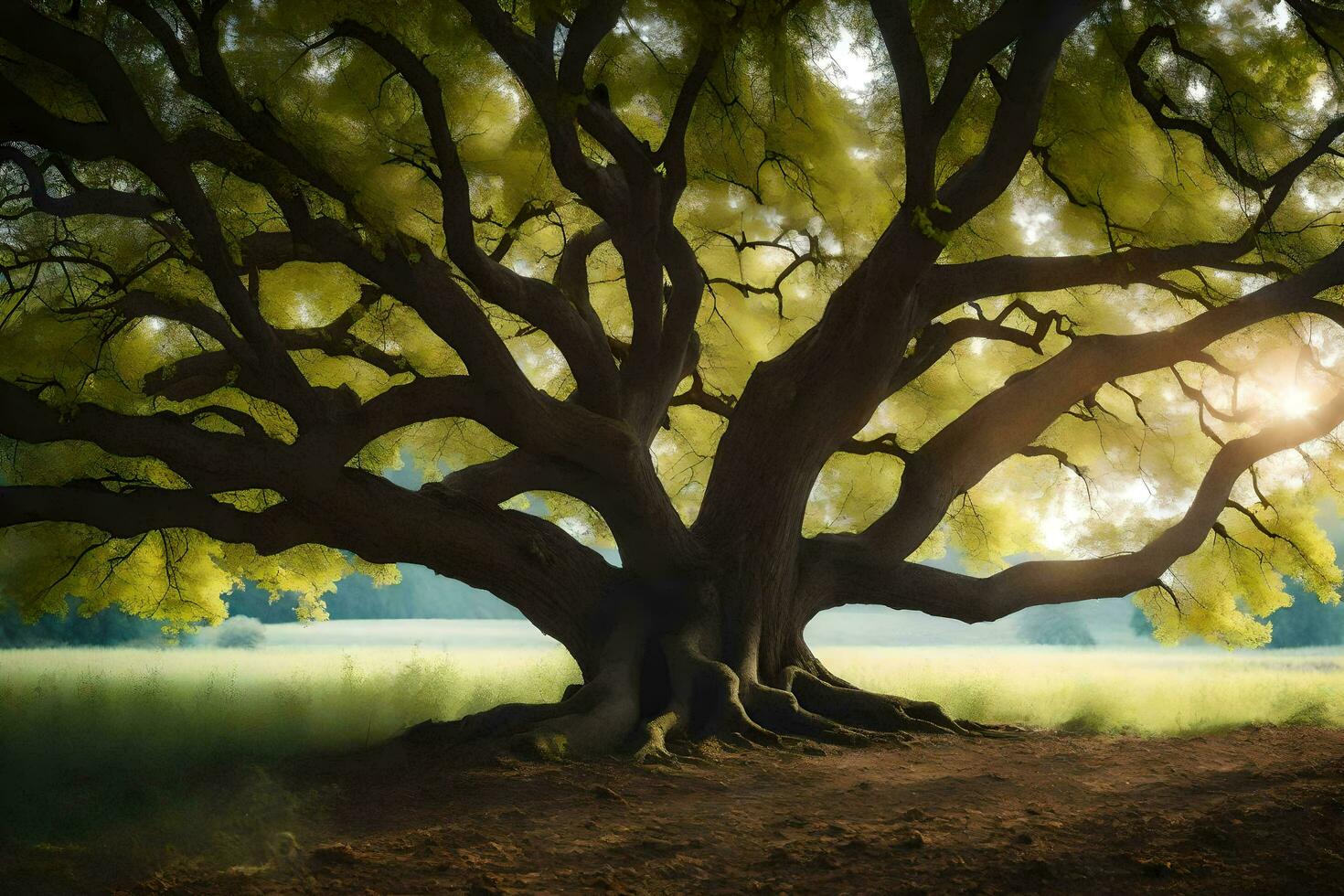 the sun shines through the branches of a large tree. AI-Generated photo