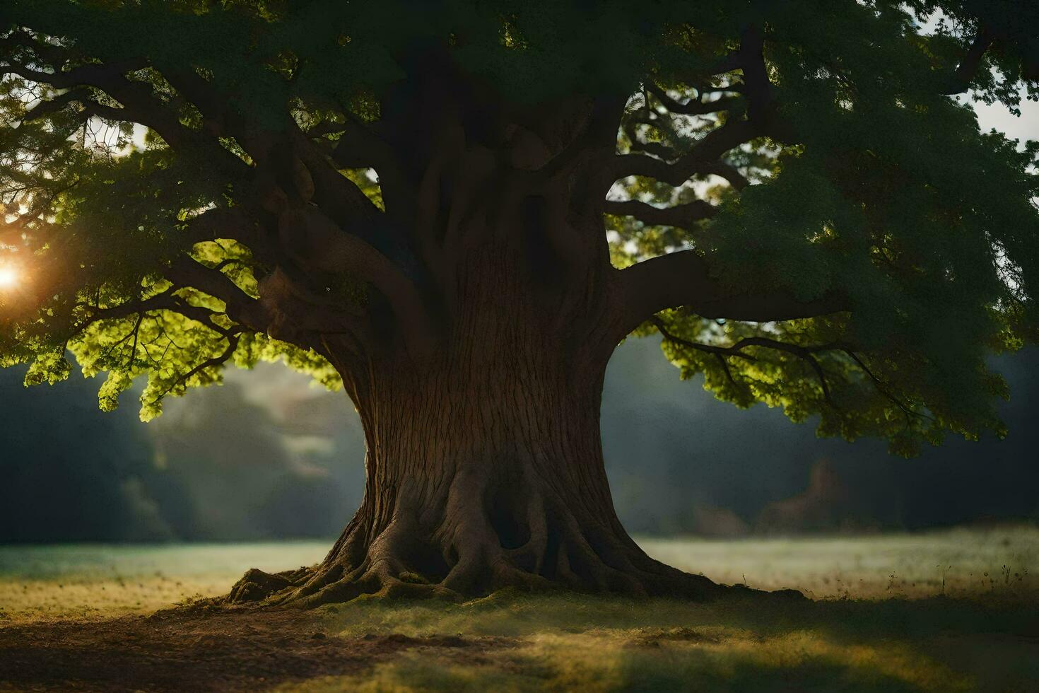 el Dom brilla mediante el árbol maletero de un antiguo roble árbol. generado por ai foto