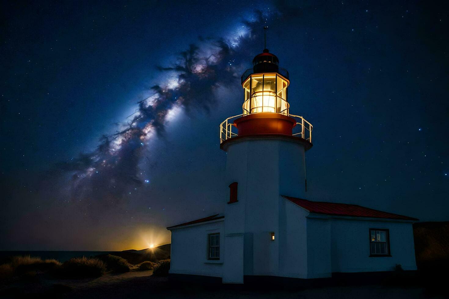 the milky way over a lighthouse at night. AI-Generated photo
