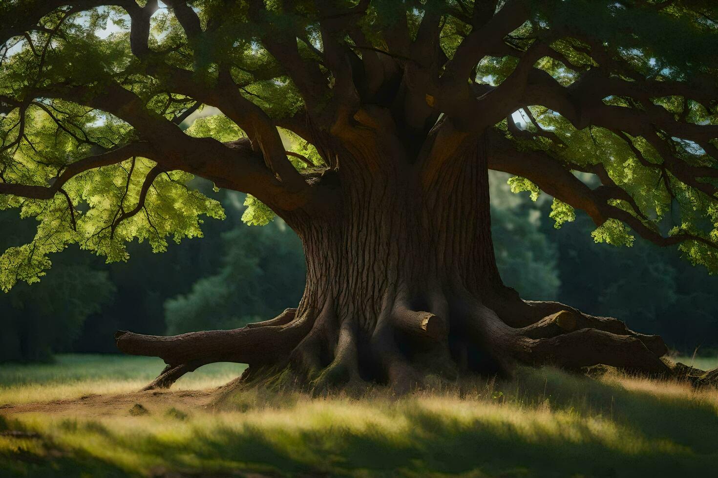 un antiguo roble árbol en el medio de un campo. generado por ai foto