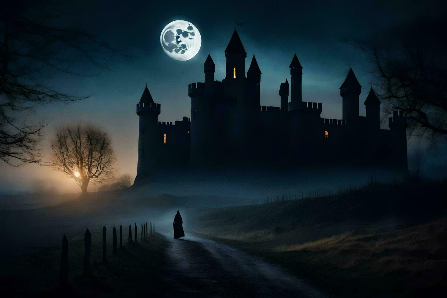 a dark castle in the fog with a full moon. AI-Generated photo
