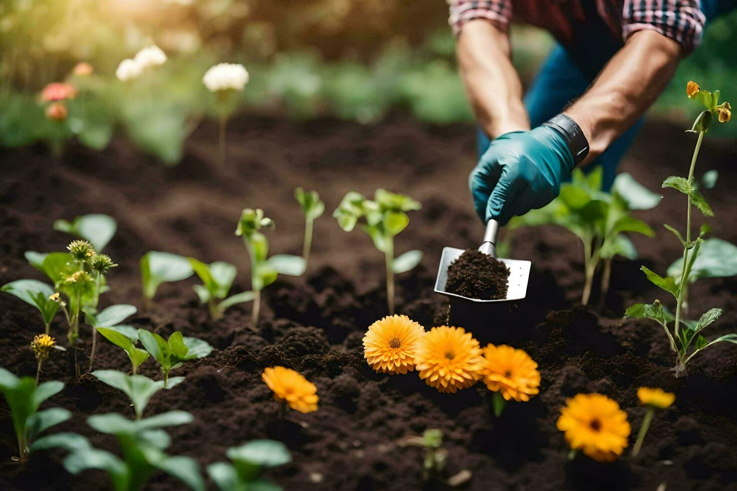 a man is digging in the dirt with a shovel. AI-Generated photo