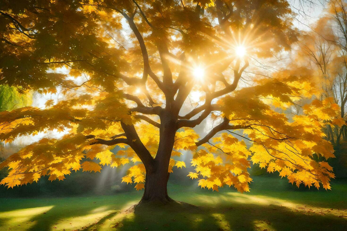 the sun shines through the leaves of a tree. AI-Generated photo