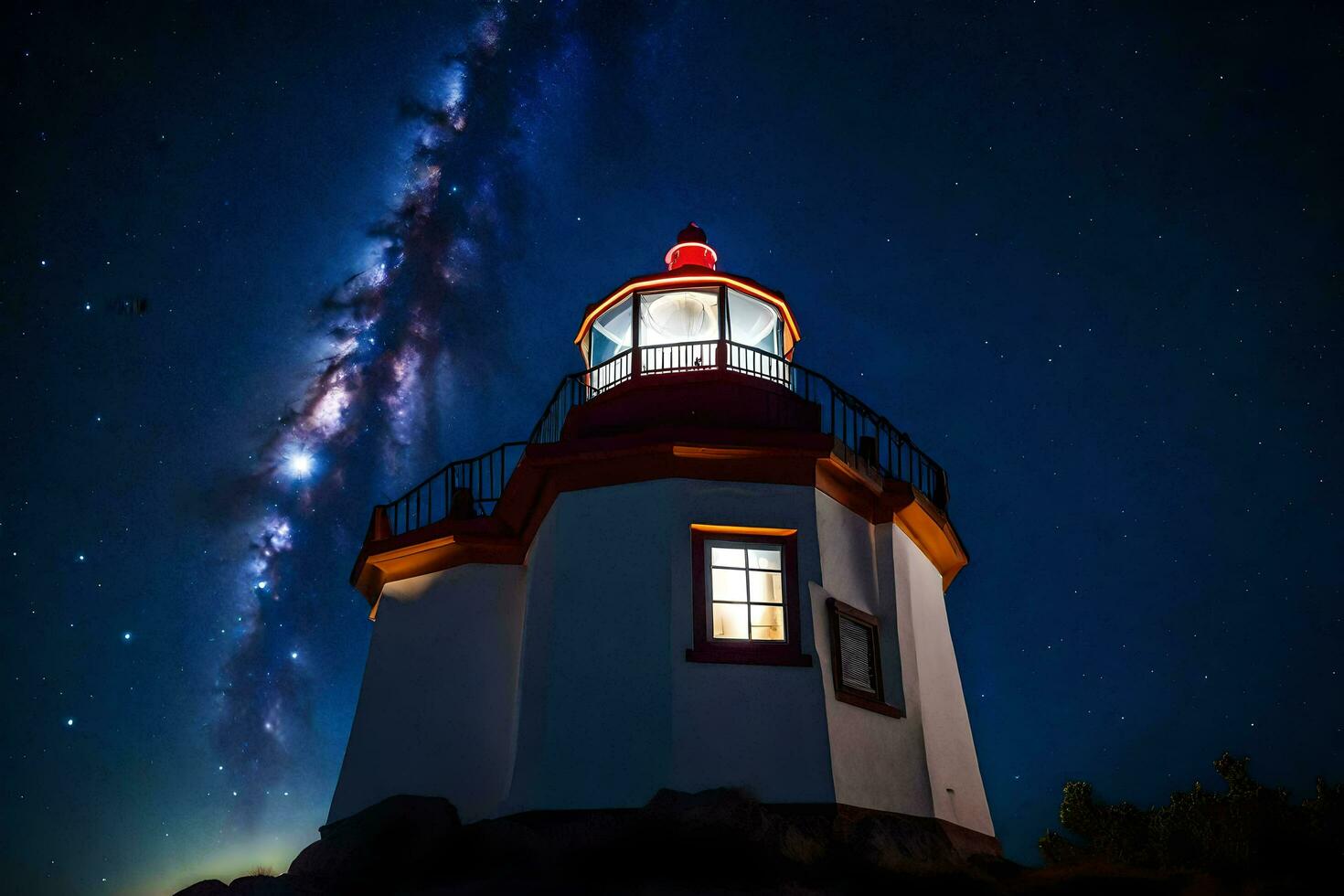 the milky way over the lighthouse at night. AI-Generated photo
