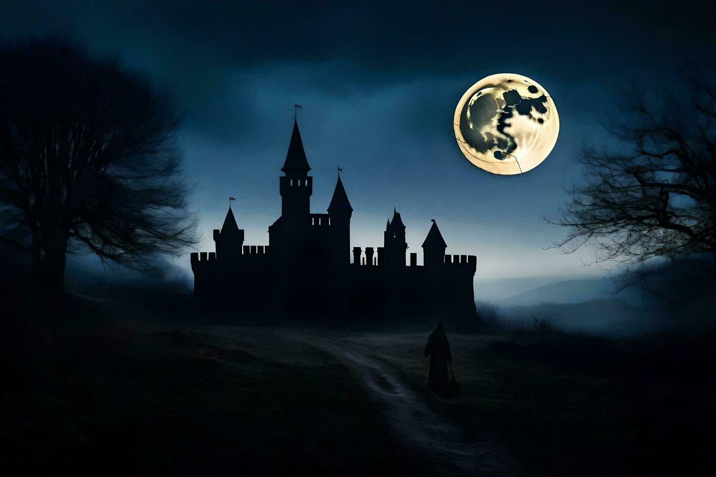 a castle in the dark with a full moon. AI-Generated photo