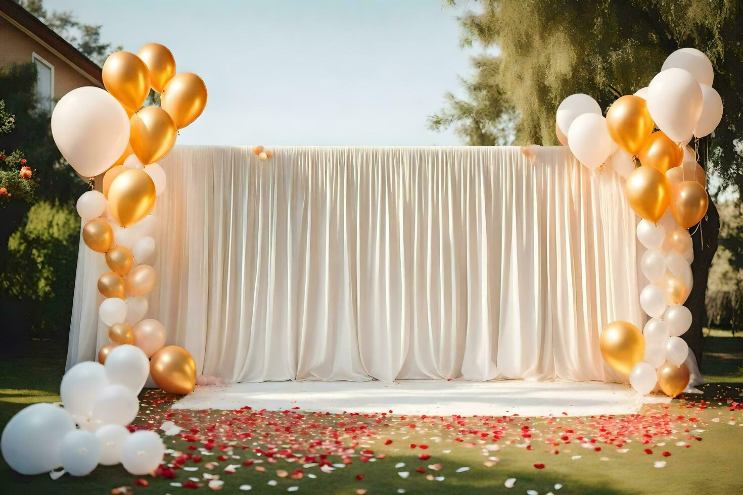 a white backdrop with gold balloons and white curtains. AI-Generated photo