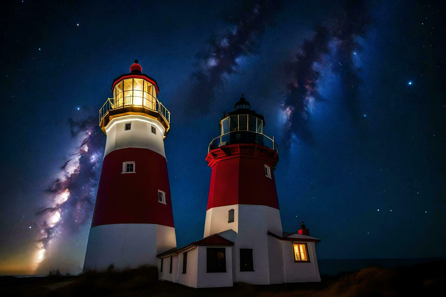 two red and white lighthouse towers at night with the milky way in the background. AI-Generated photo