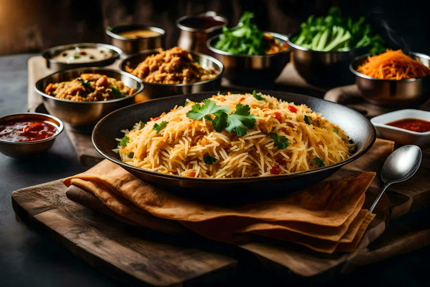 indian food in a bowl on a wooden table. AI-Generated photo