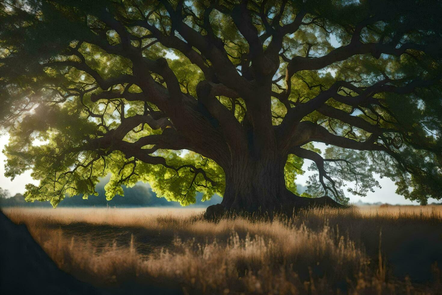 the sun shines through the leaves of an old oak tree. AI-Generated photo