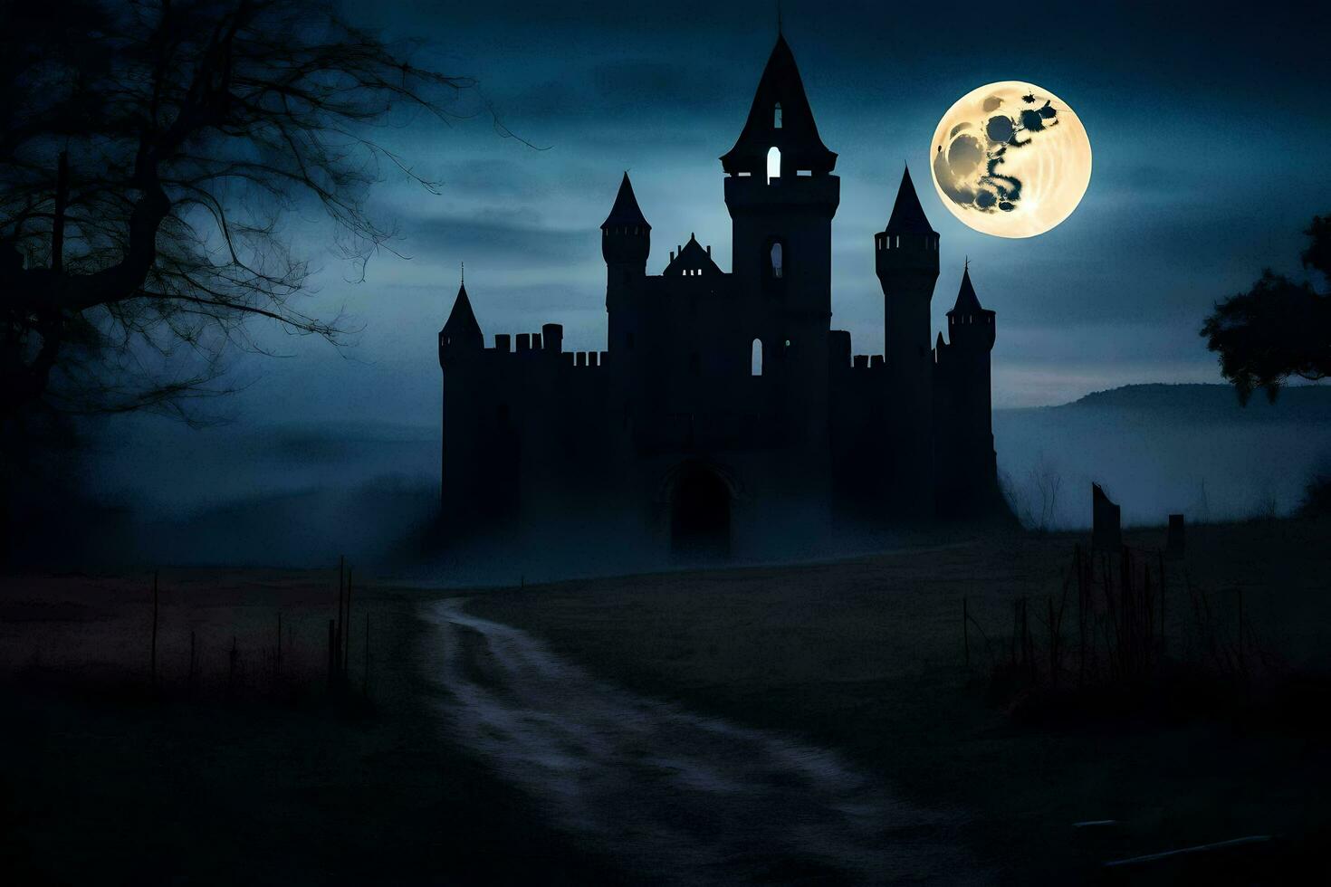 a castle in the dark with a full moon. AI-Generated photo