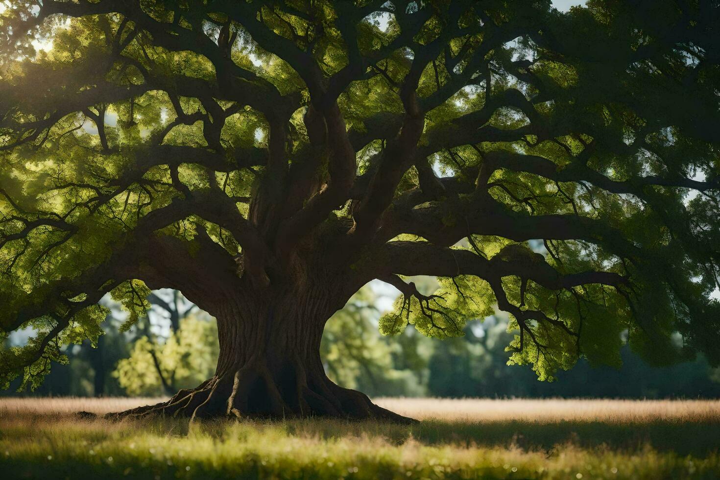 the sun shines through the leaves of an old oak tree. AI-Generated photo