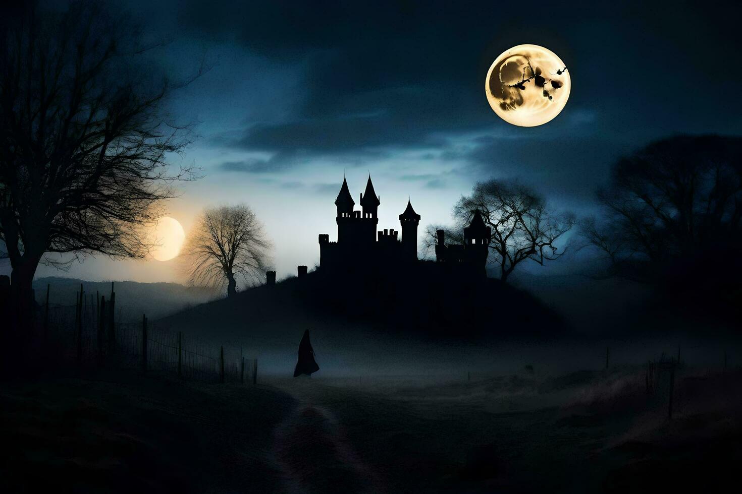 a castle in the dark with a full moon. AI-Generated photo