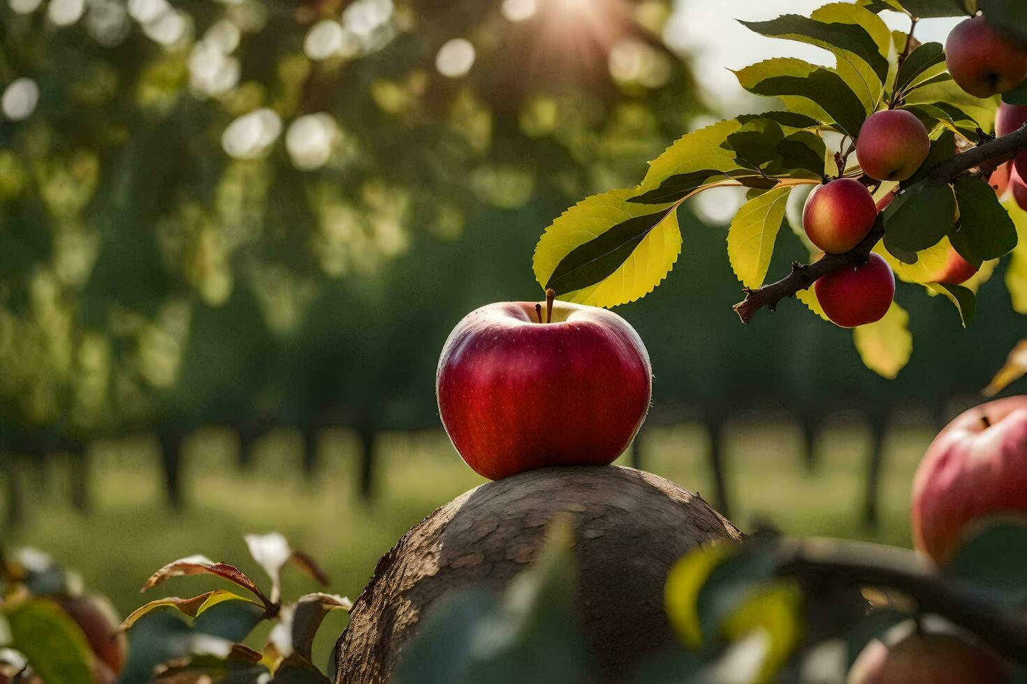 an apple is sitting on top of a tree. AI-Generated photo