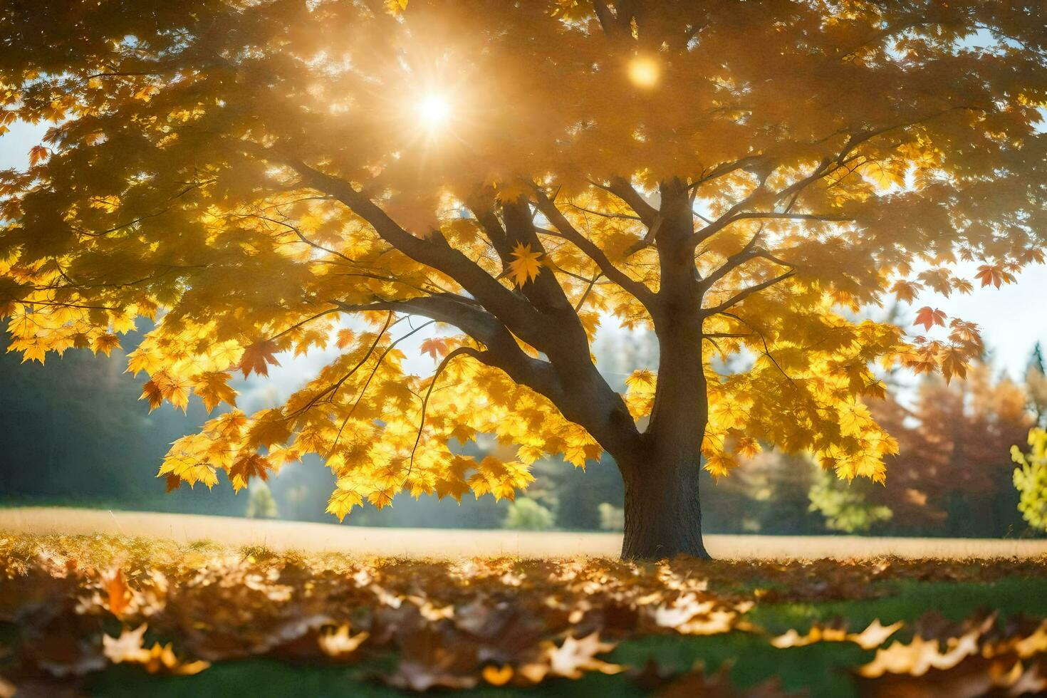 autumn tree with leaves on the ground. AI-Generated photo