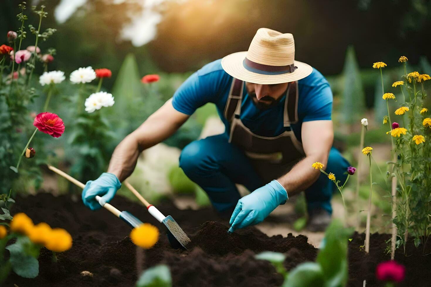 a man in a hat and blue gloves is digging in the garden. AI-Generated photo