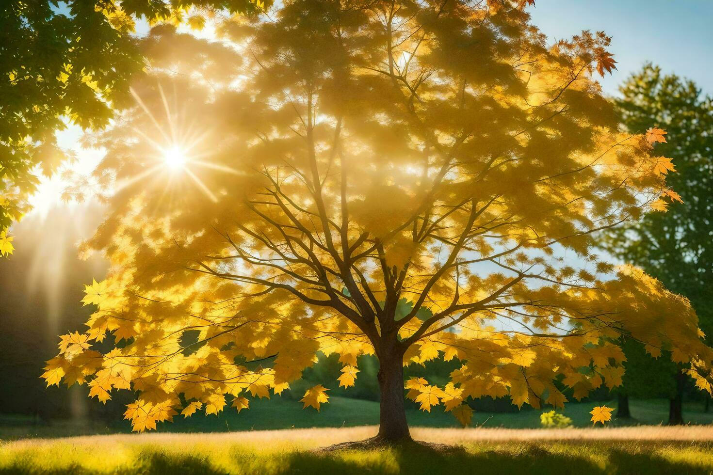 the sun shines through the leaves of a tree in the autumn. AI-Generated photo