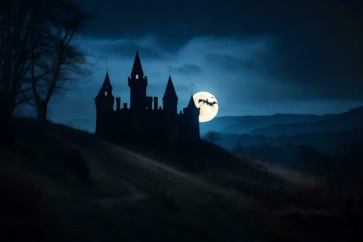 a castle in the dark with a full moon. AI-Generated photo