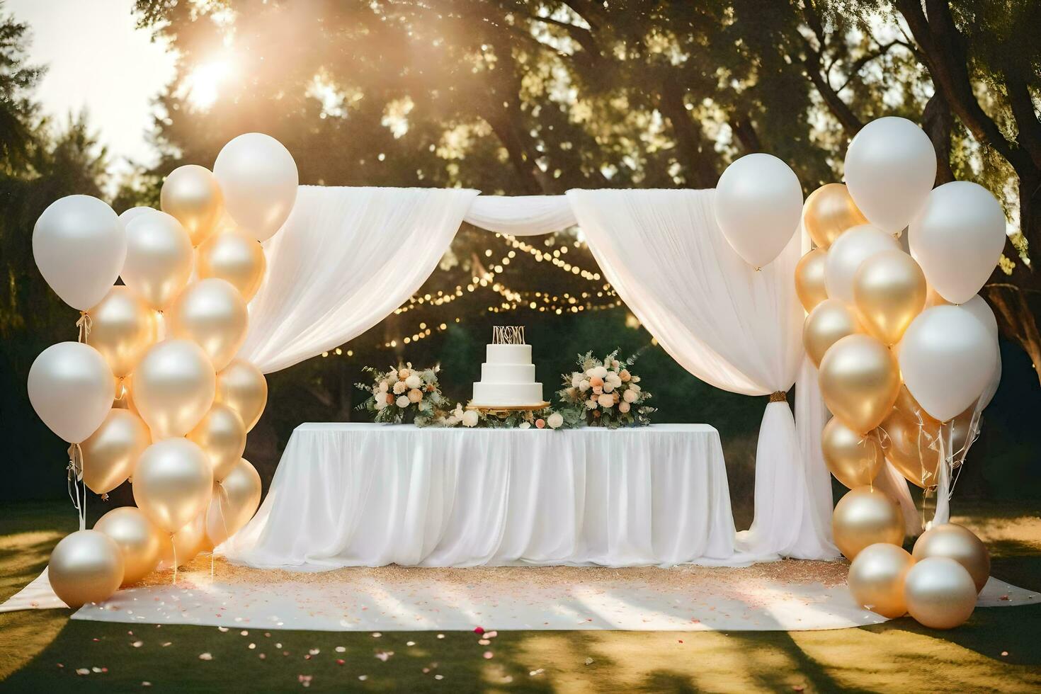 a wedding cake and balloons on a white table. AI-Generated photo