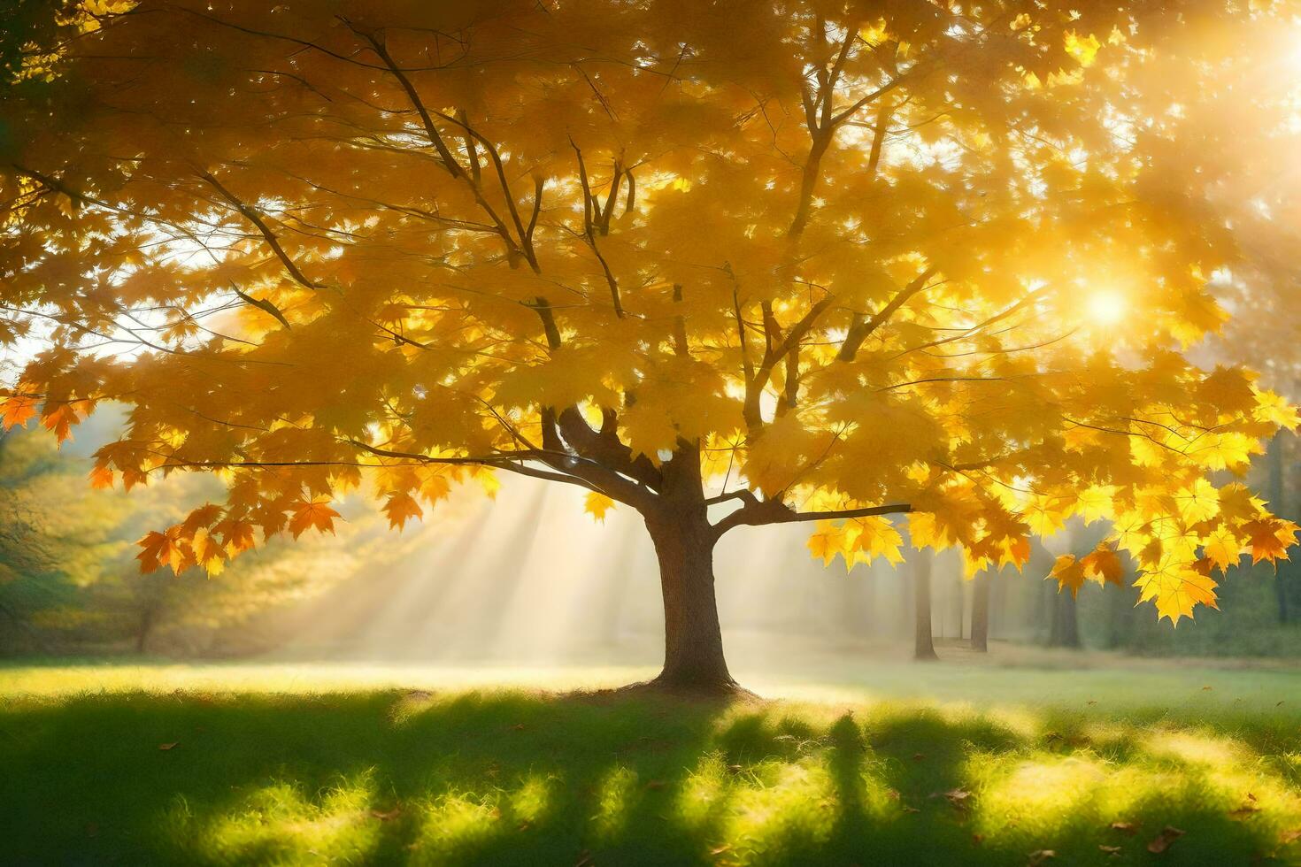 a tree in the sun with the sun shining through it. AI-Generated photo