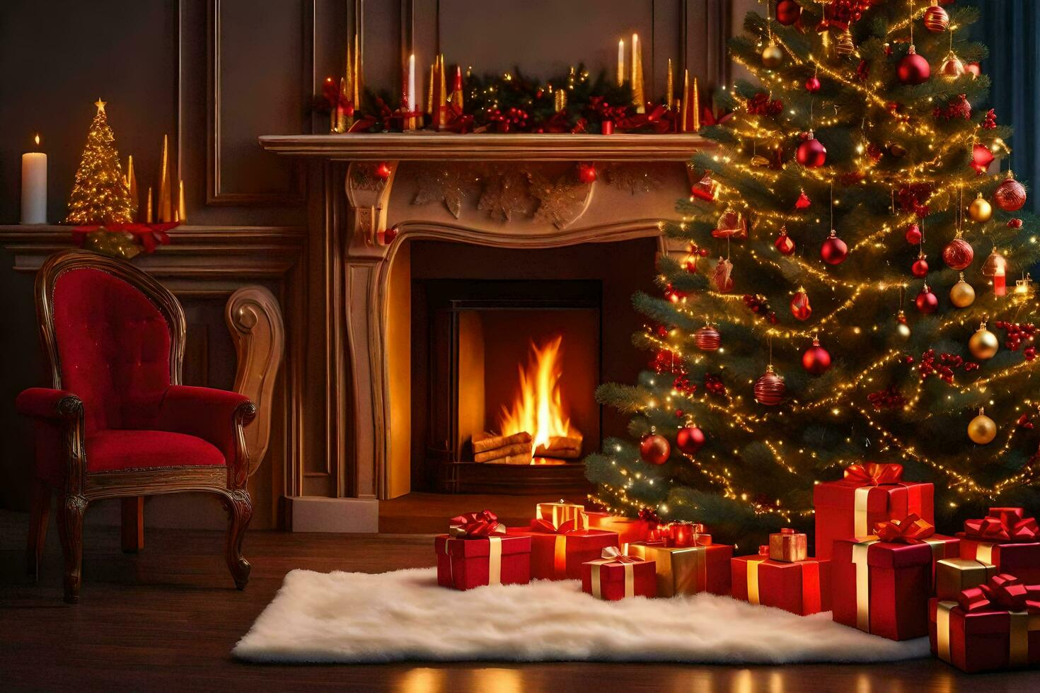 christmas tree and presents in front of fireplace. AI-Generated photo