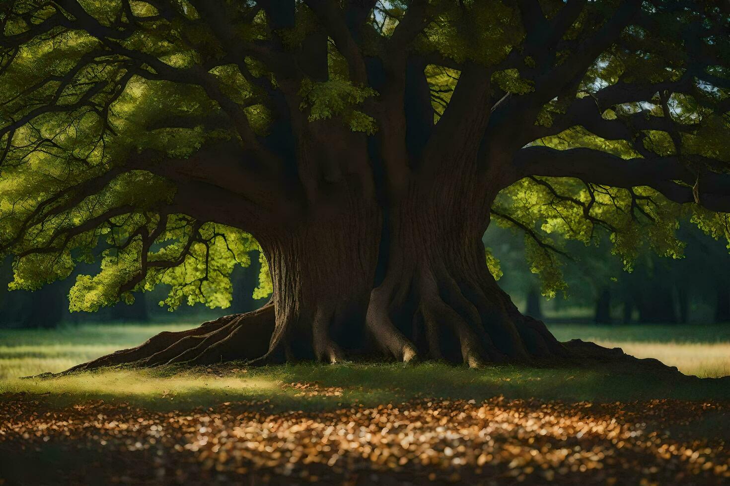 un antiguo roble árbol en el medio de un campo. generado por ai foto