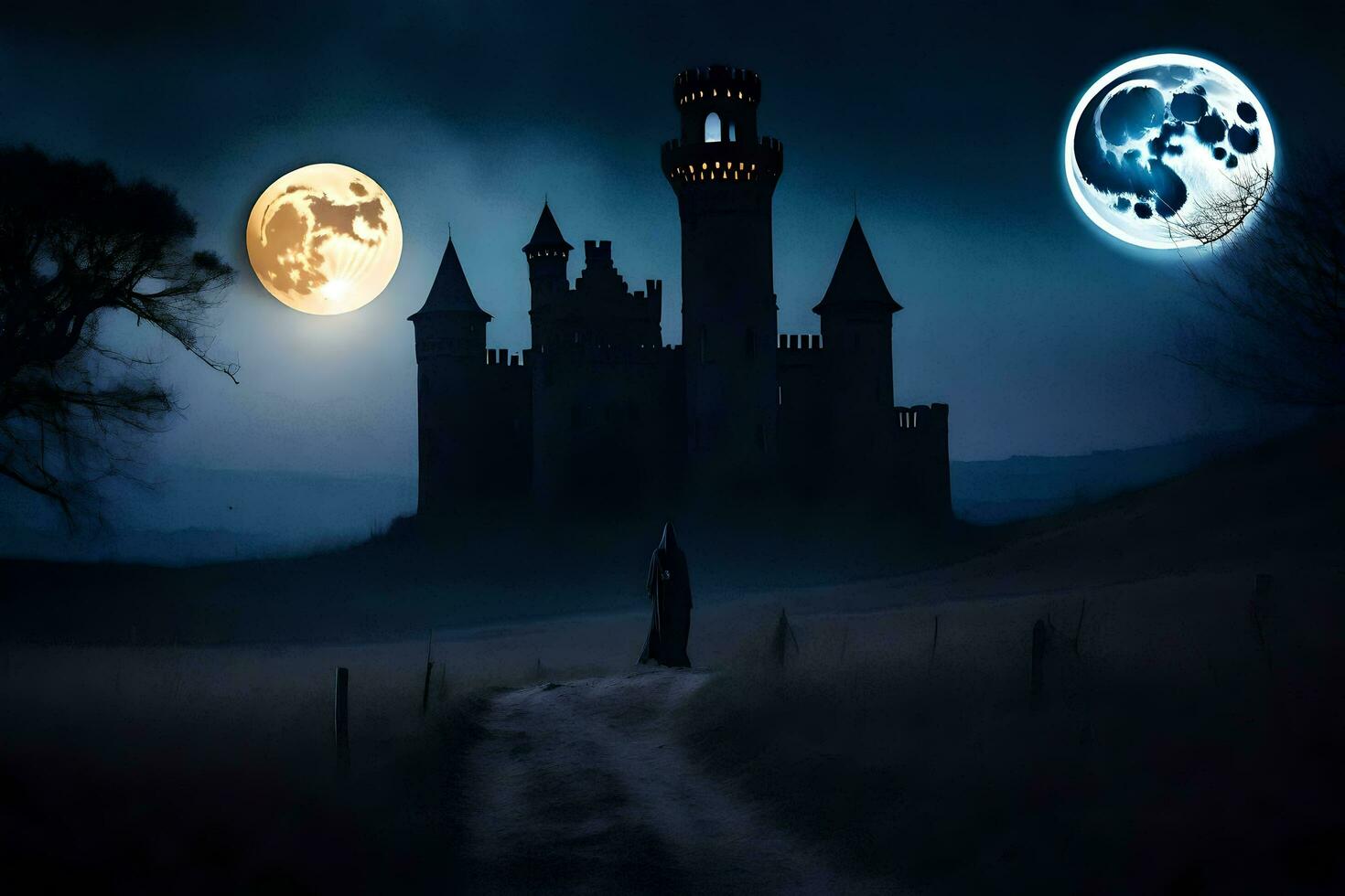 a castle with three full moons in the sky. AI-Generated photo