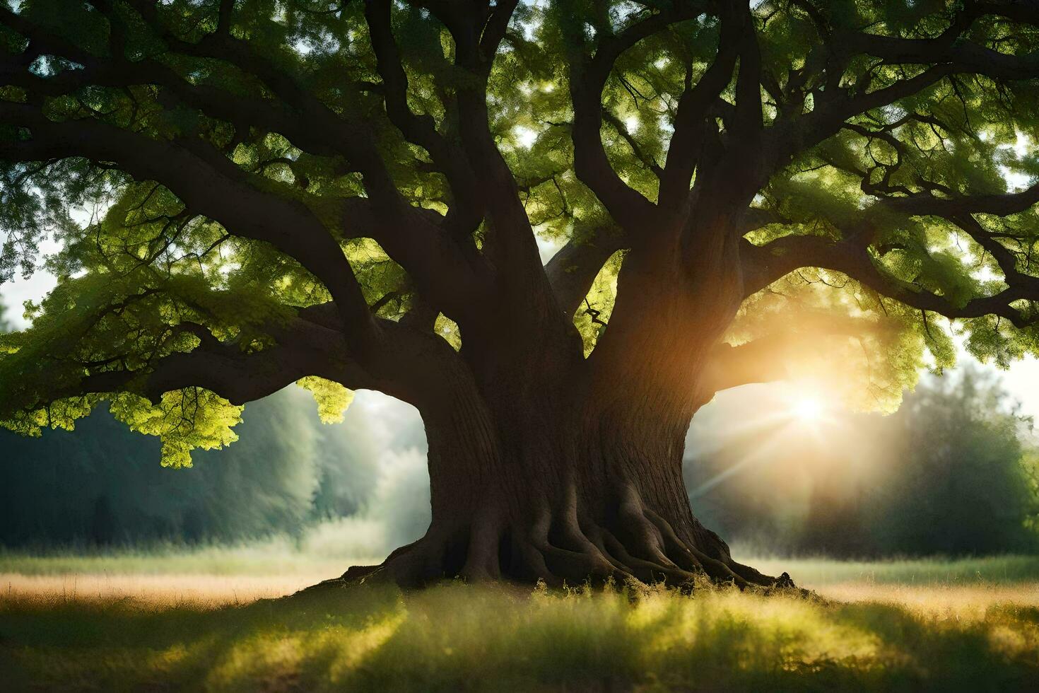 the sun shines through the leaves of a large tree. AI-Generated photo