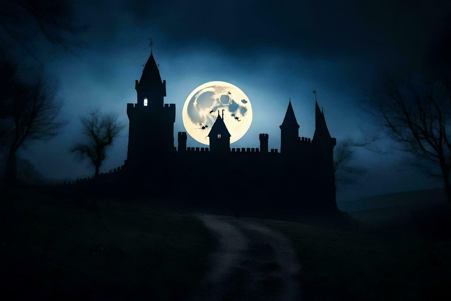 a castle in the dark with a full moon. AI-Generated photo