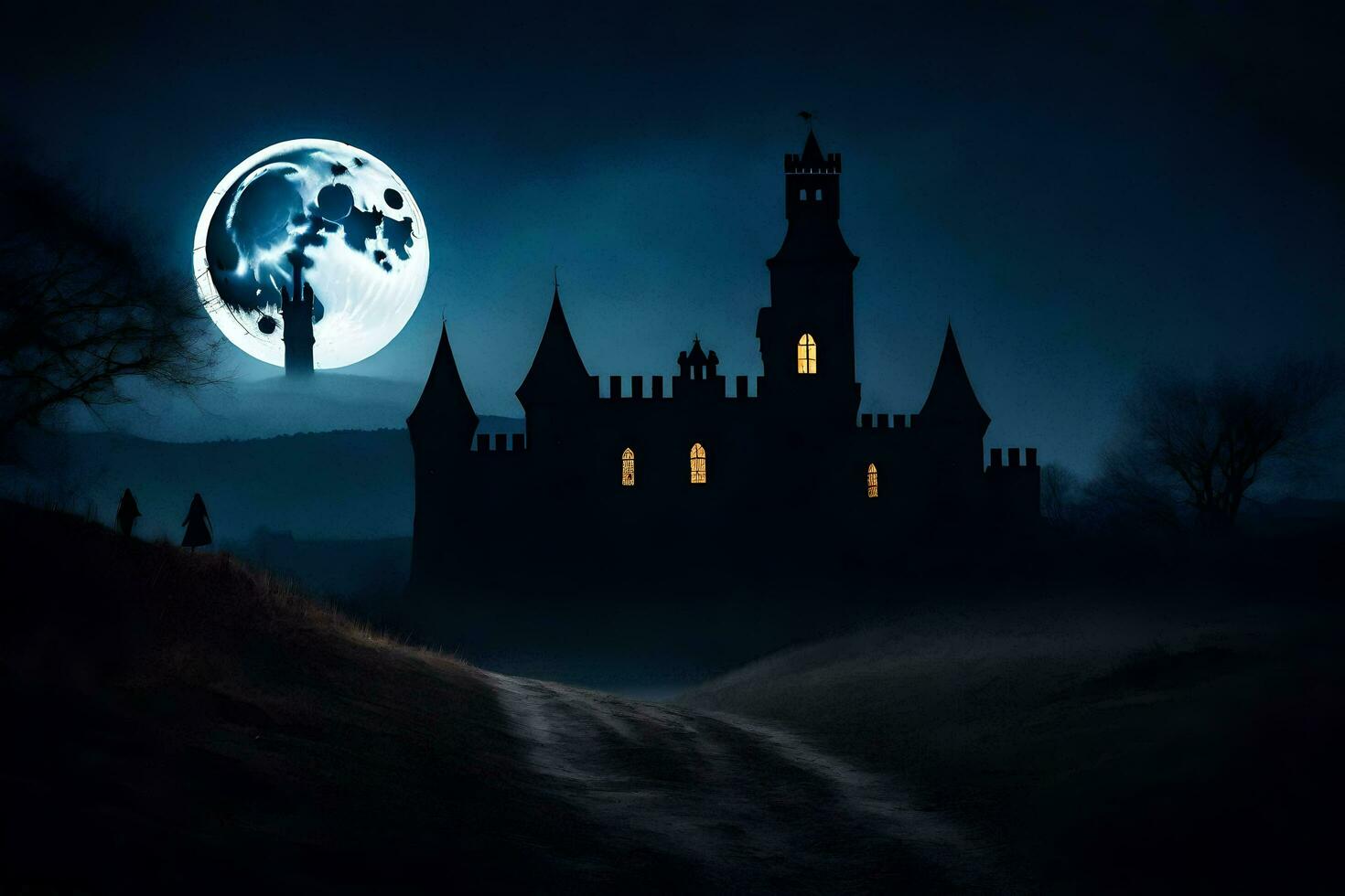 a full moon is seen over a castle in the dark. AI-Generated photo