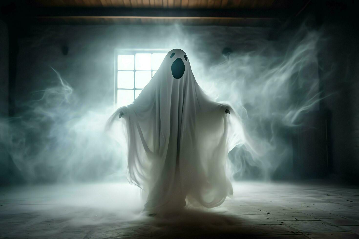 Human in spooky ghosts costume flying inside the old house at night. Spooky halloween background with ghost. Ghost on halloween celebration concept by AI generated photo