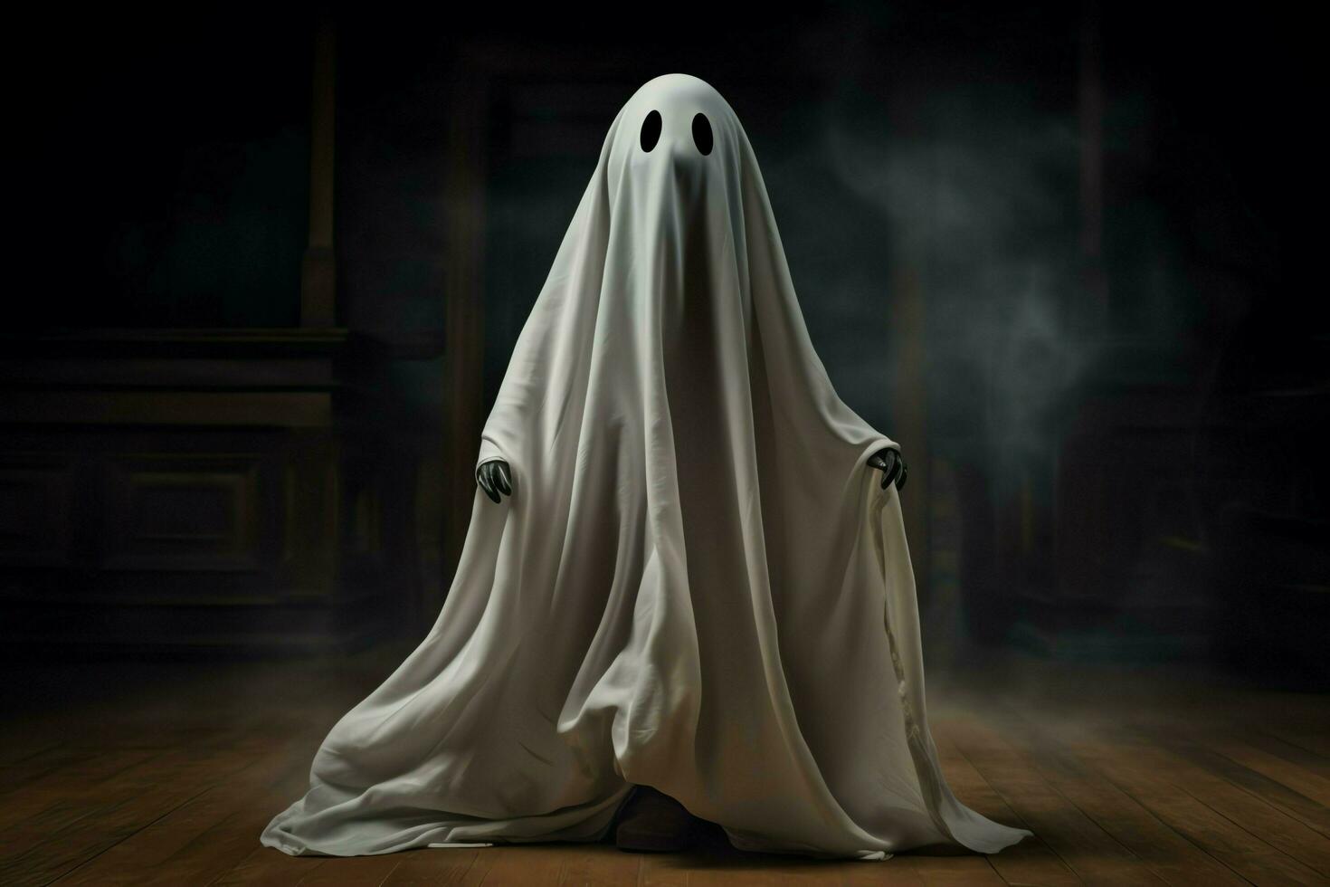 Human in spooky ghosts costume flying inside the old house at night. Spooky halloween background with ghost. Ghost on halloween celebration concept by AI generated photo