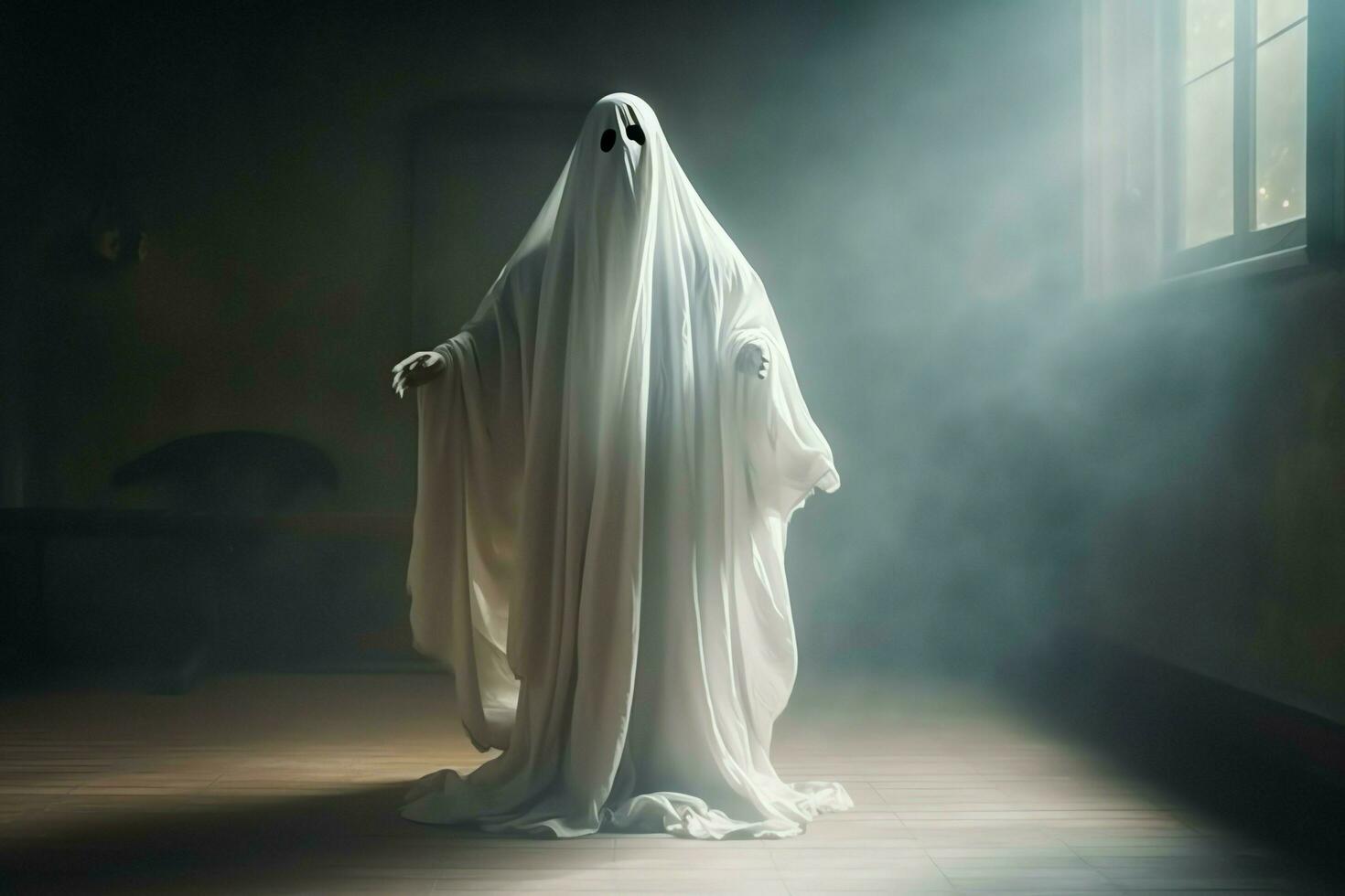 Human in spooky ghosts costume flying inside the old house at night. Spooky halloween background with ghost. Ghost on halloween celebration concept by AI generated photo