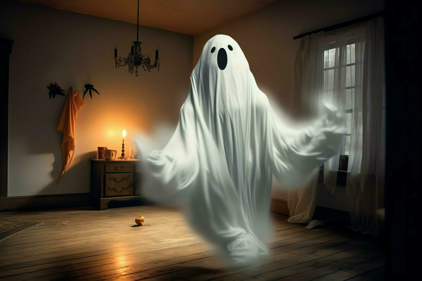 Human in spooky ghosts costume flying inside the old house at night. Spooky halloween background with ghost. Ghost on halloween celebration concept by AI generated photo