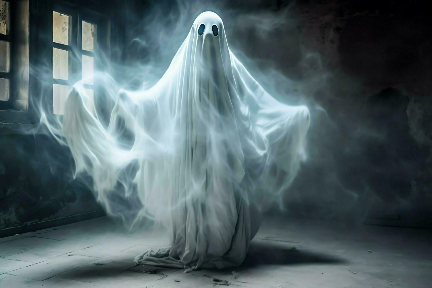 Human in spooky ghosts costume flying inside the old house at night. Spooky halloween background with ghost. Ghost on halloween celebration concept by AI generated photo