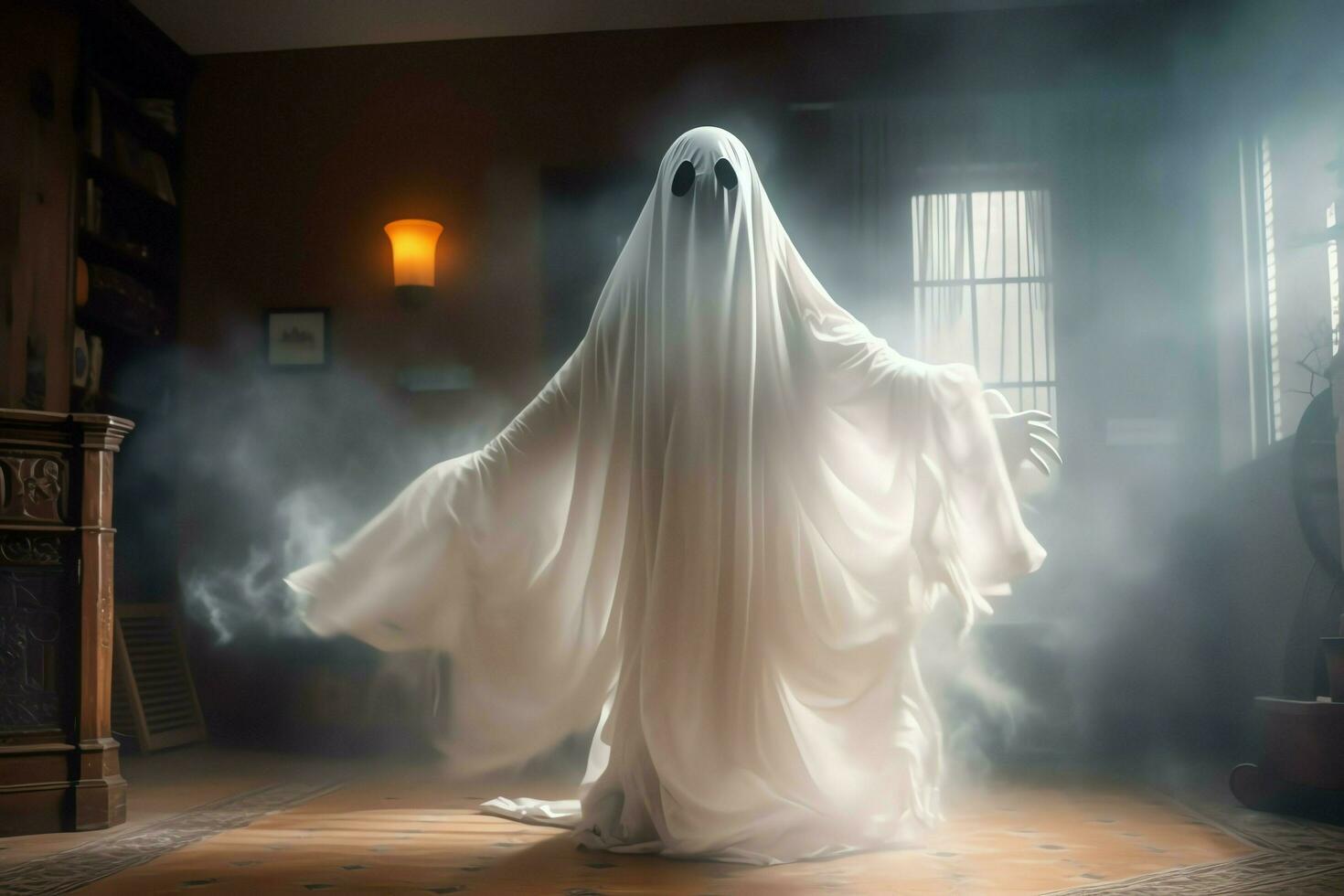 Human in spooky ghosts costume flying inside the old house at night. Spooky halloween background with ghost. Ghost on halloween celebration concept by AI generated photo